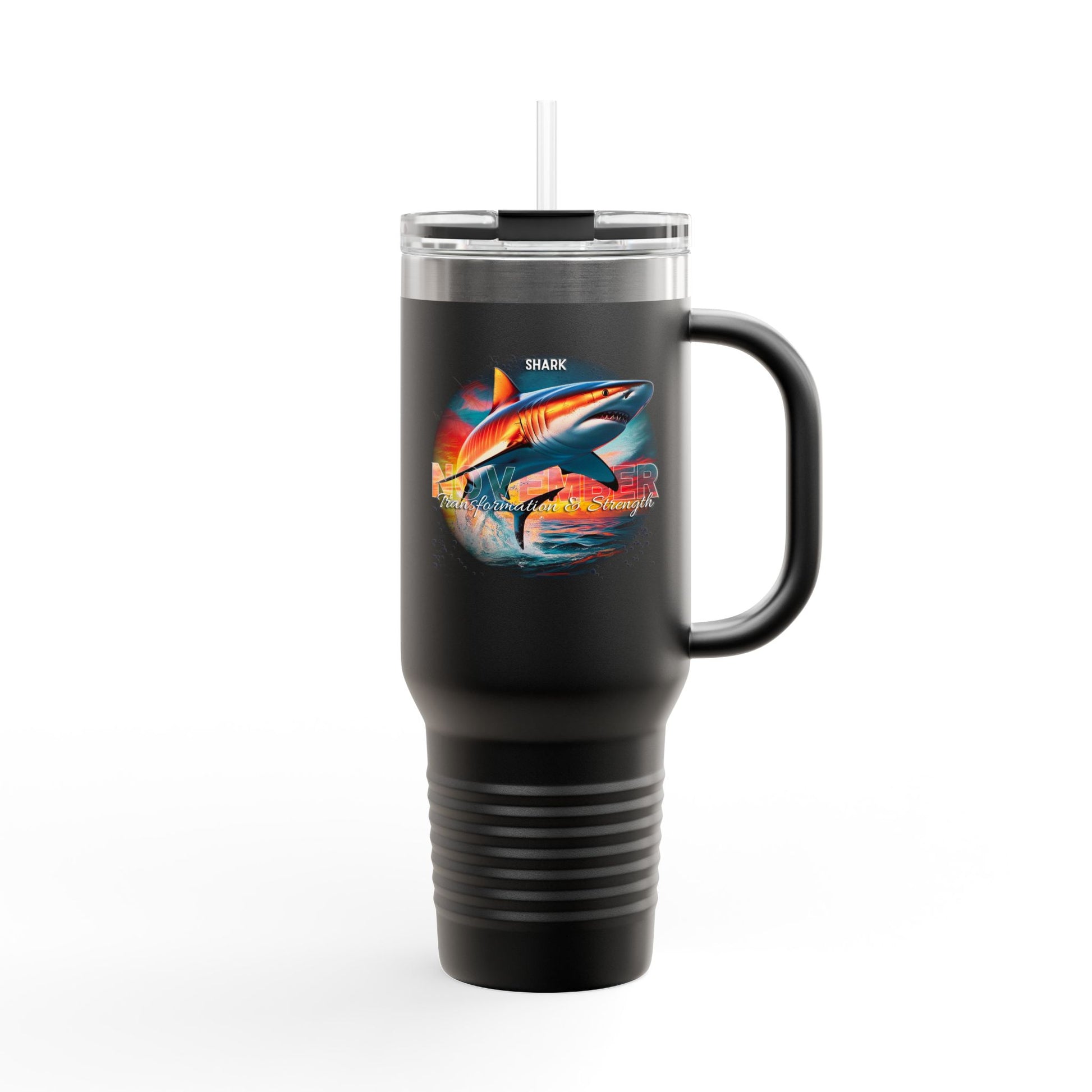 Black birth month travel mug with shark design and clear lid with straw