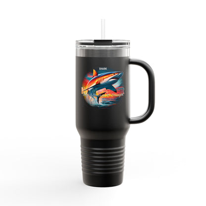 Black birth month travel mug with shark design and clear lid with straw