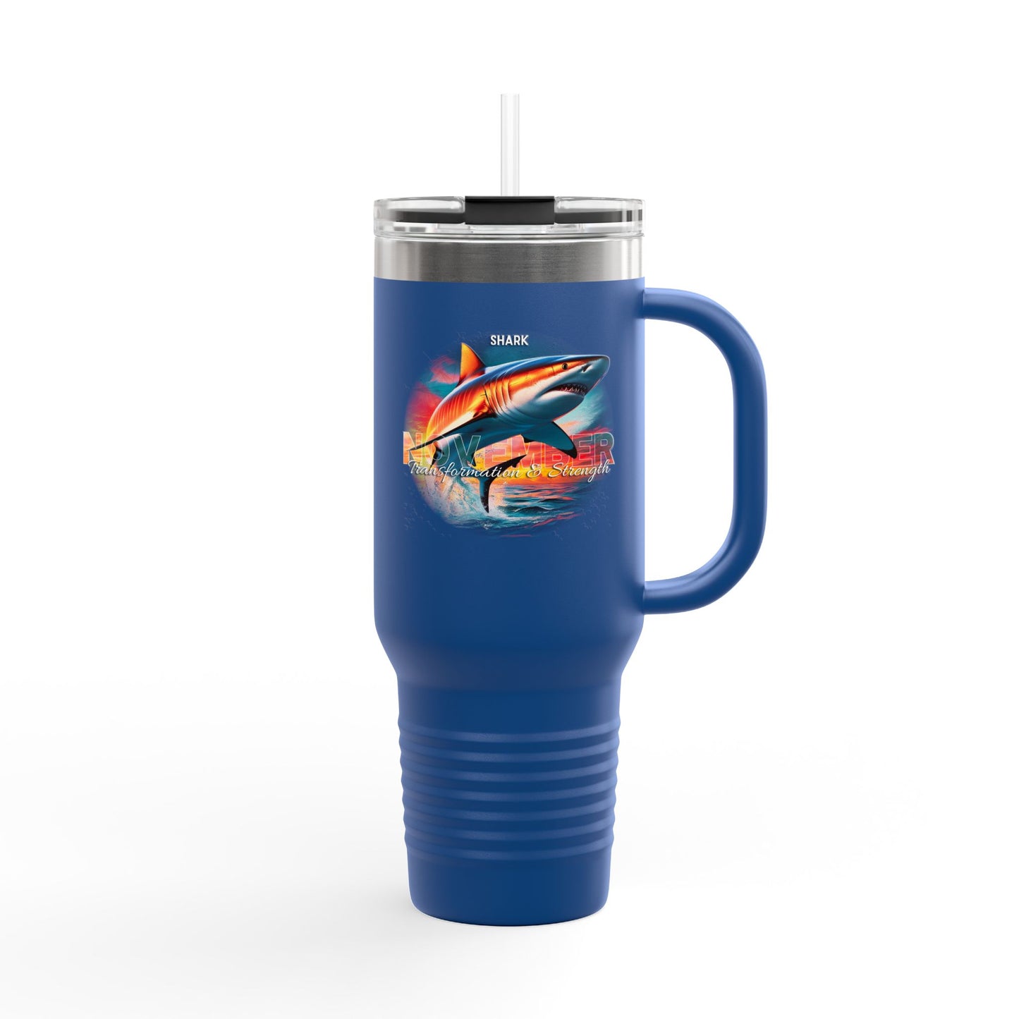 Blue birth month travel mug featuring a shark design with a clear lid and straw