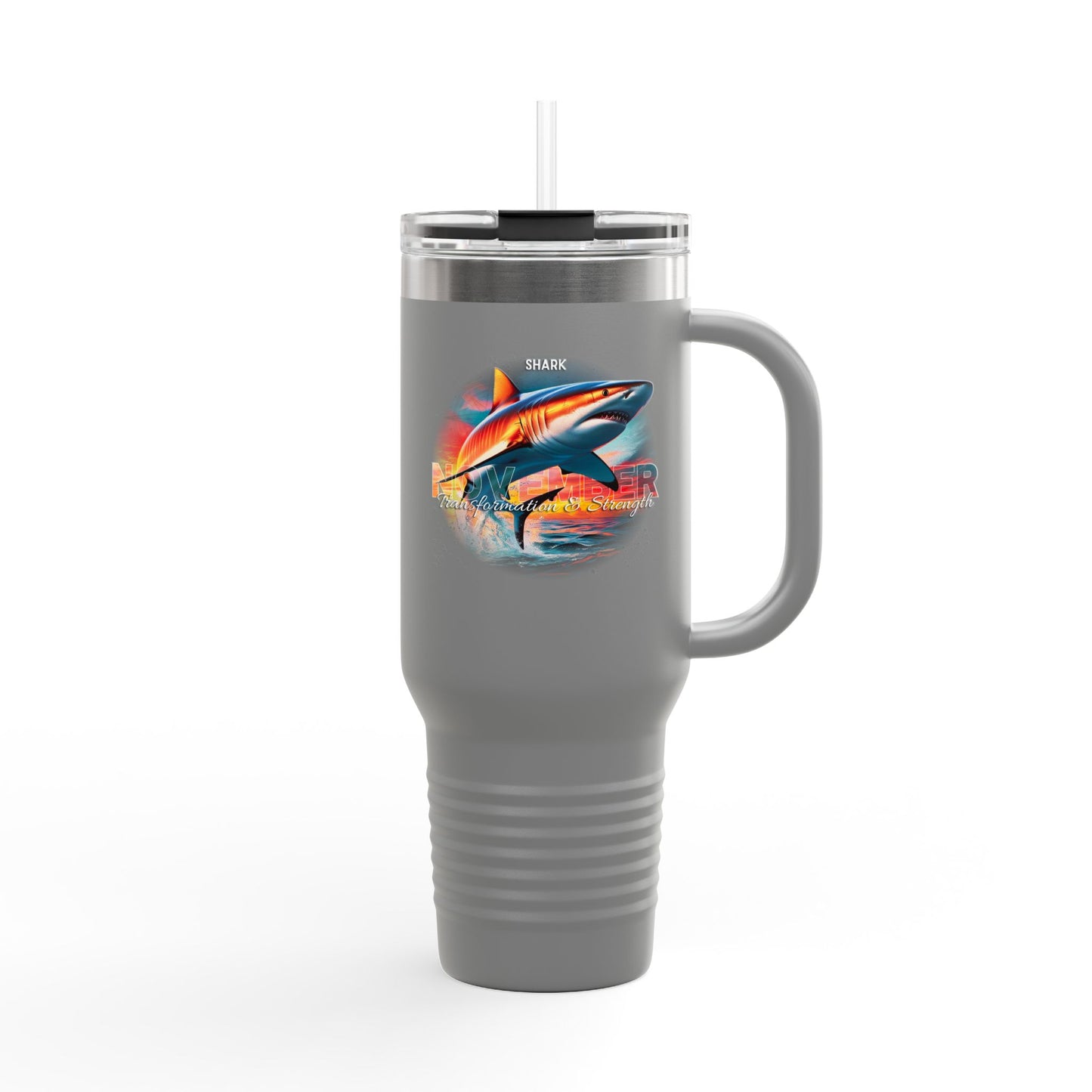 Gray birth month travel mug with shark design and handle with clear lid and straw