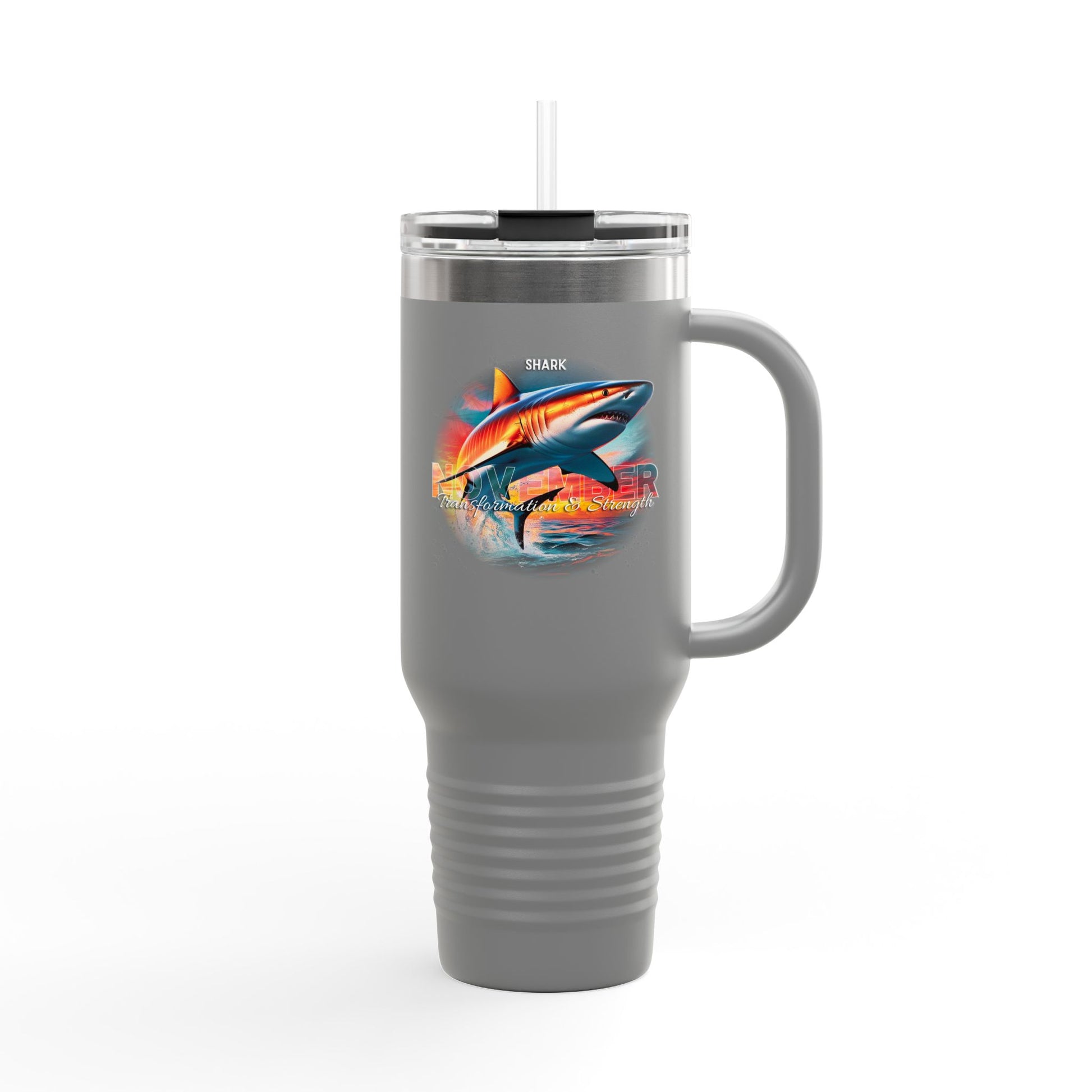 Gray birth month travel mug with shark design and handle with clear lid and straw