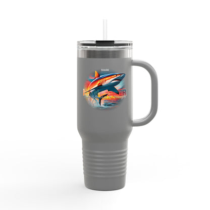 Gray birth month travel mug with shark design and handle with clear lid and straw