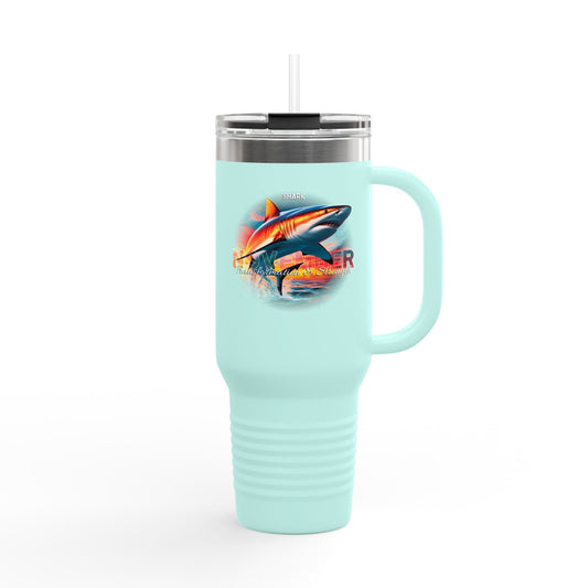 Light blue birth month travel mug featuring a colorful shark design with handle and straw lid