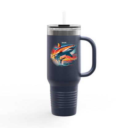 Birth month travel mug with shark design in navy blue and clear lid with straw