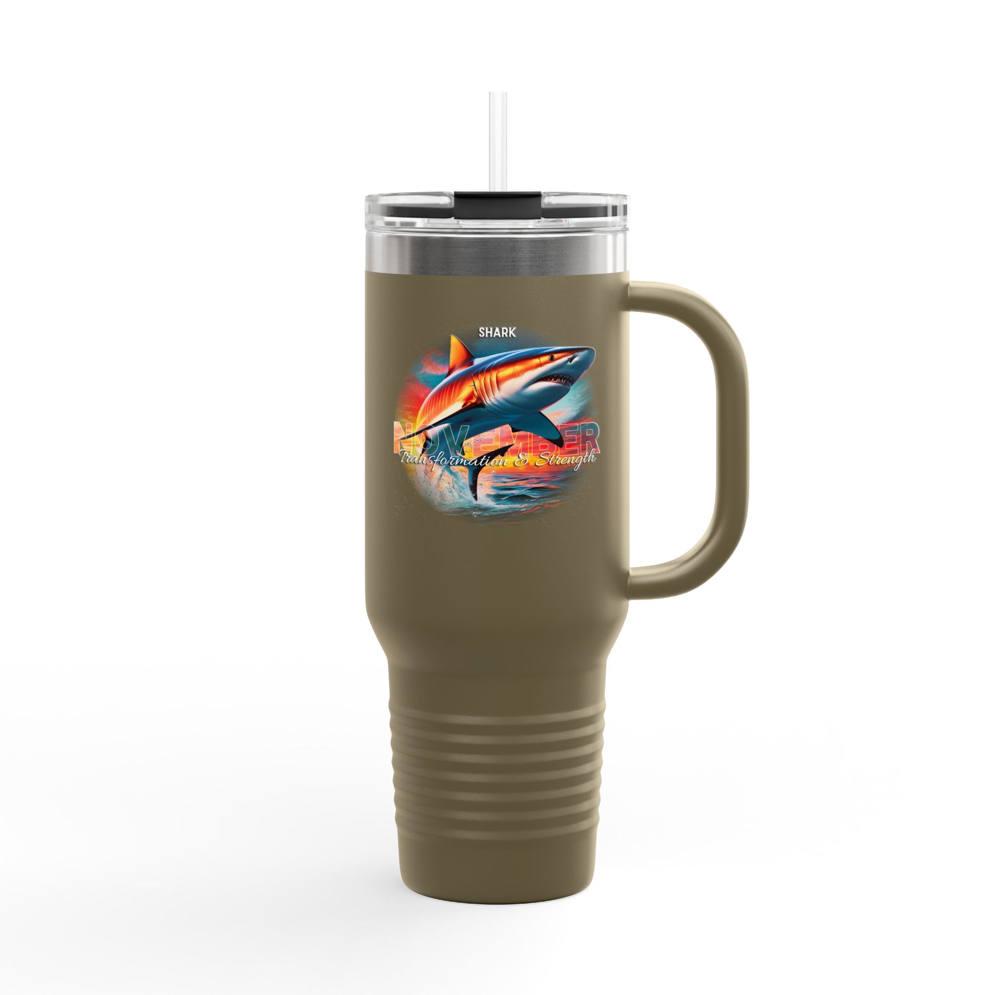 Olive green birth month travel mug with shark design and clear lid with straw