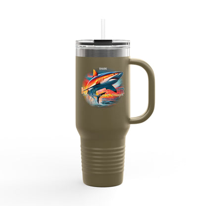 Olive green birth month travel mug with shark design and clear lid with straw