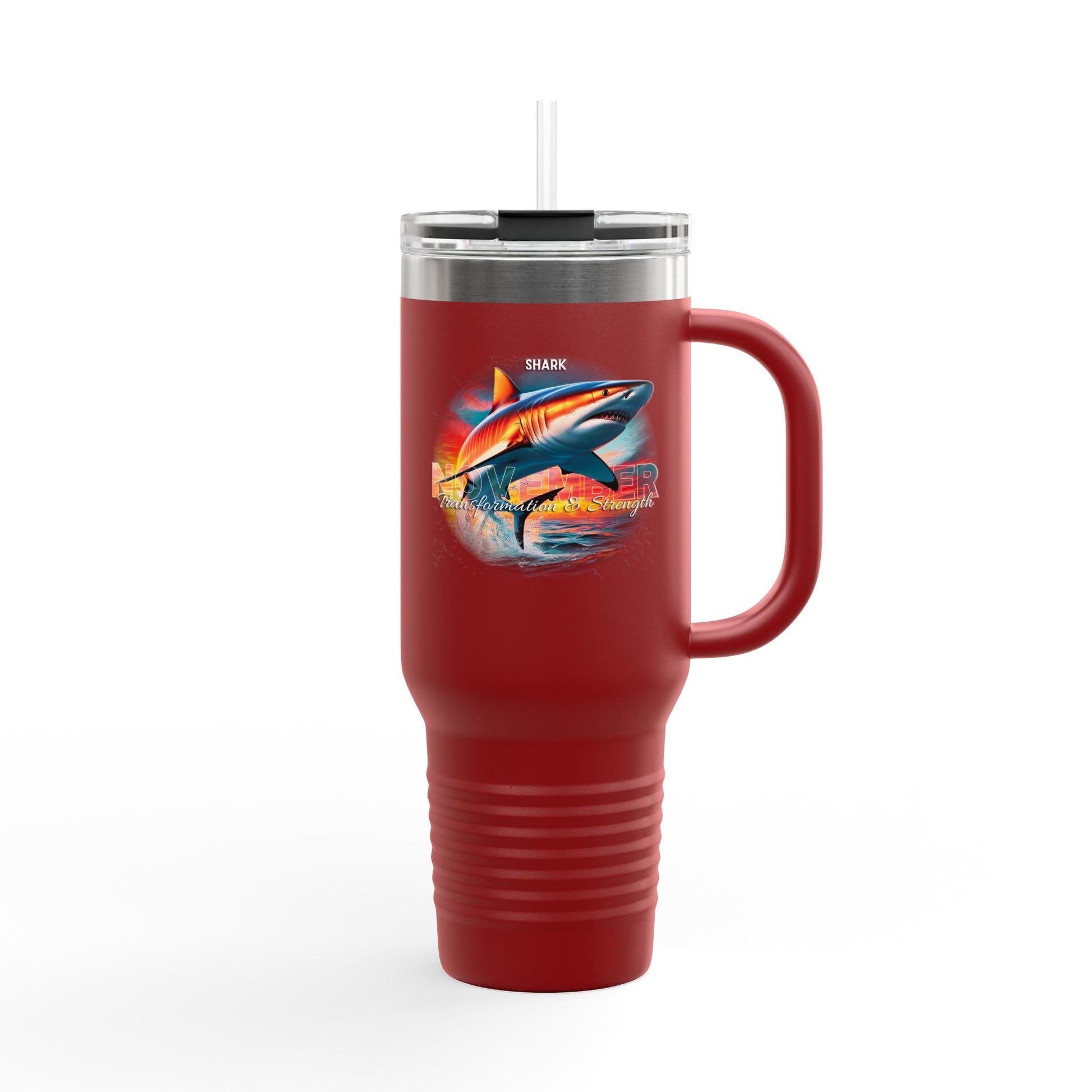 Red birth month travel mug with shark design and clear lid 