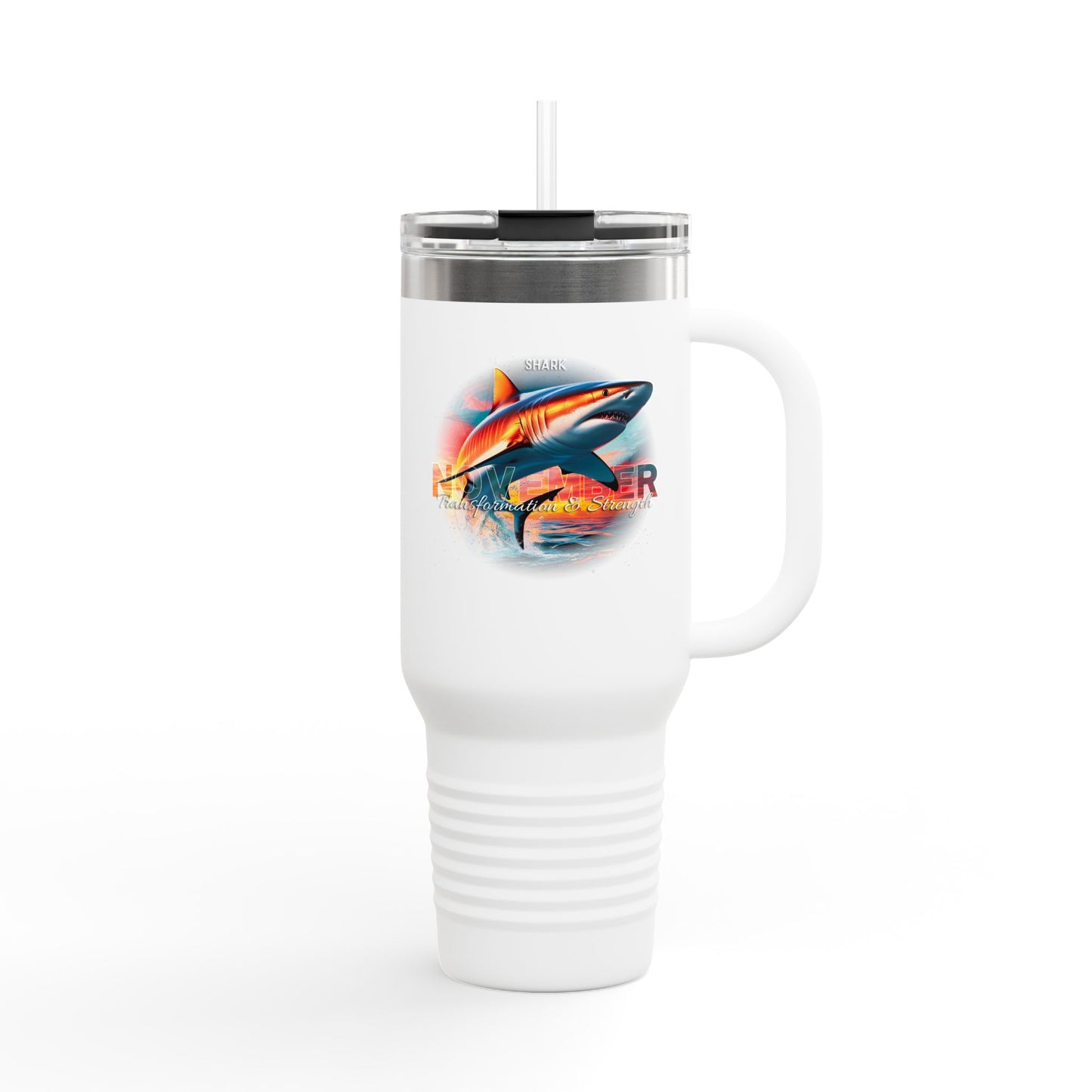 White birth month travel mug with shark design and clear lid with straw