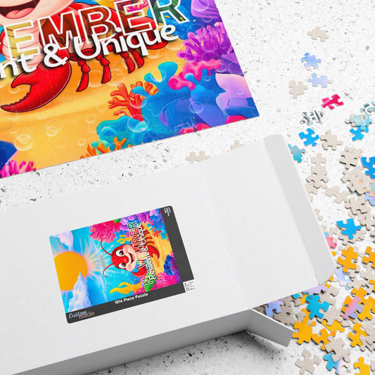 Kids birth month puzzle with colorful crab and underwater scene pieces partially assembled