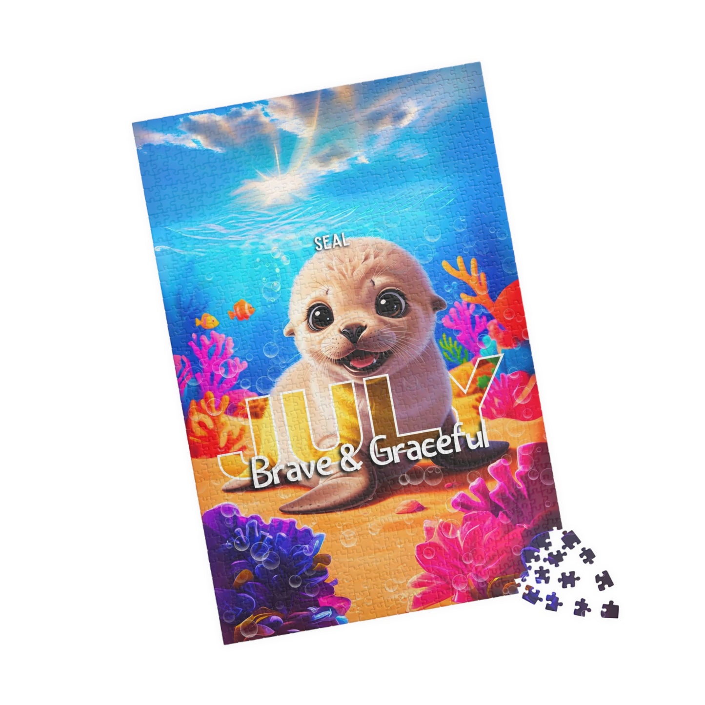 Kids birth month puzzle featuring a cute seal named July with colorful underwater coral design