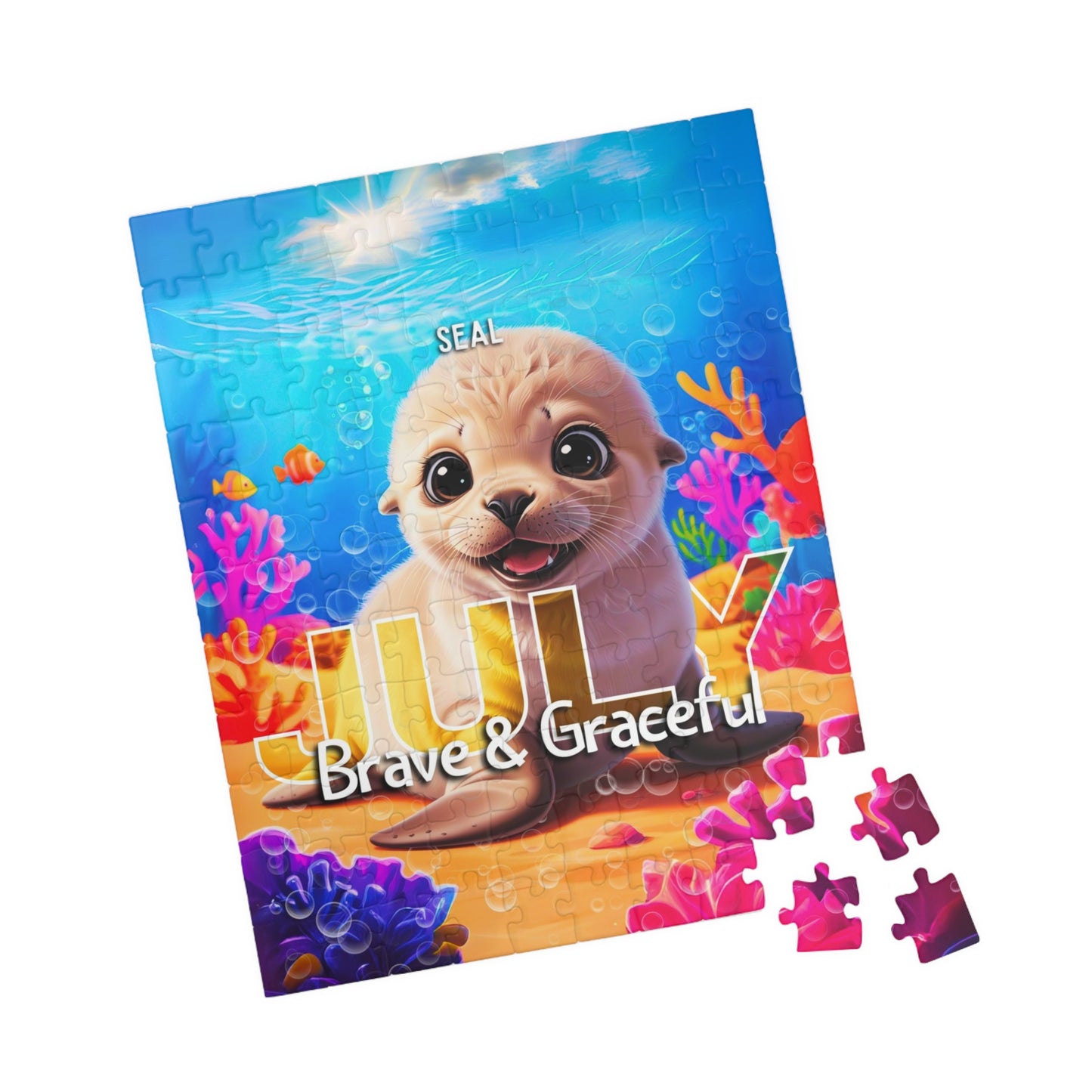 Kids birth month puzzle featuring a cute seal with July text and colorful underwater design