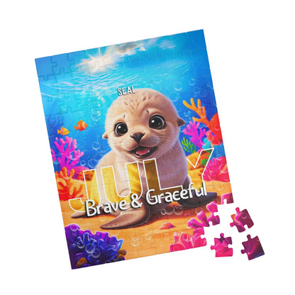 Kids birth month puzzle featuring a cute seal with July text and colorful underwater design