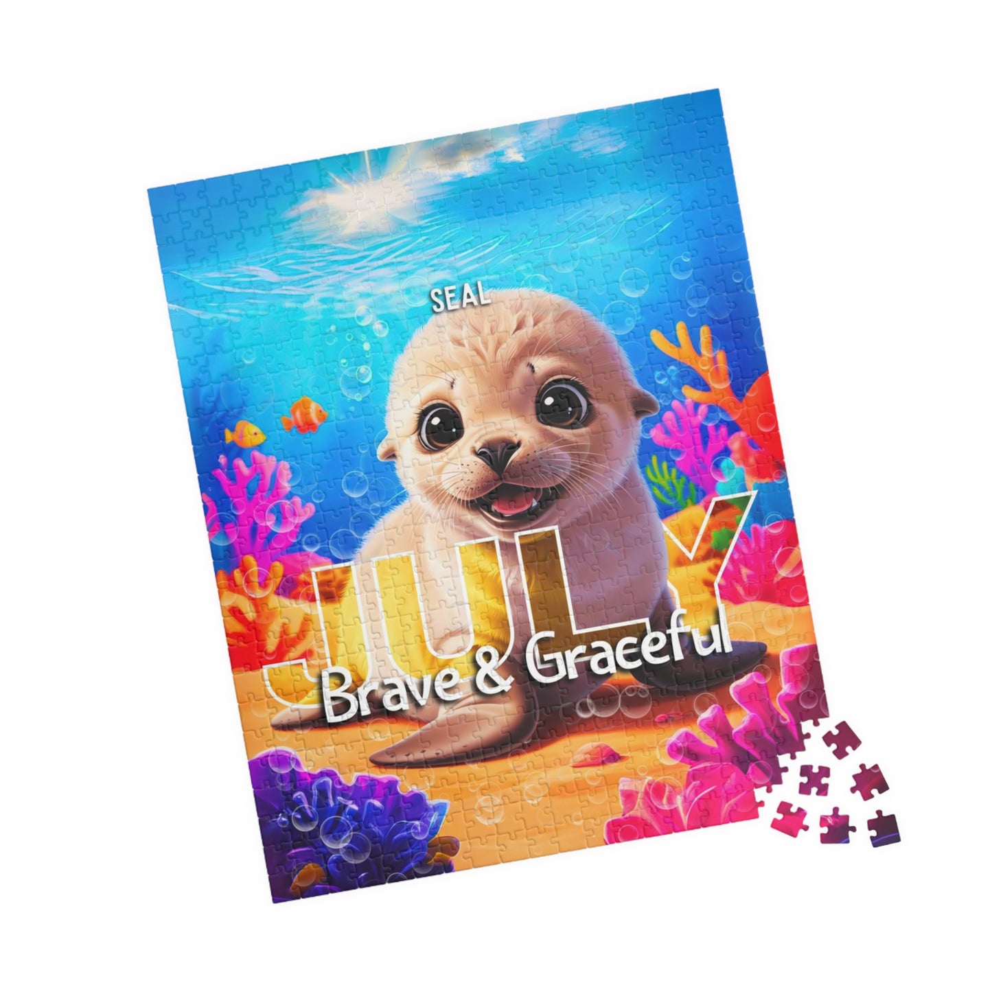 Kids birth month puzzle featuring a cute seal with July and Brave & Graceful text