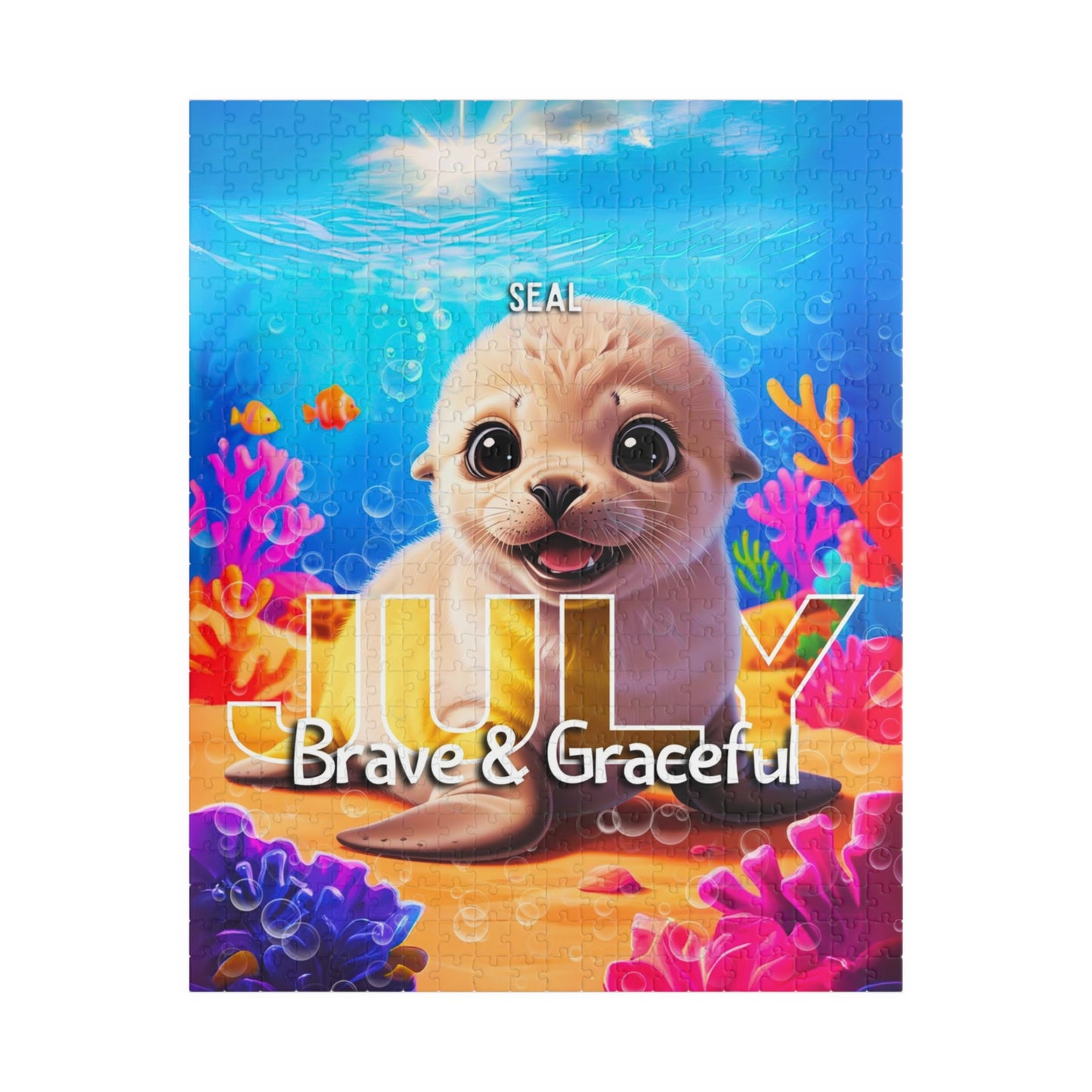 Kids birth month puzzle July featuring a cute seal with colorful underwater coral and fish