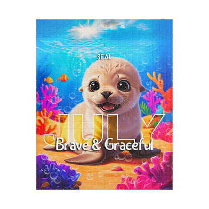 Kids birth month puzzle July featuring a cute seal with colorful underwater coral and fish