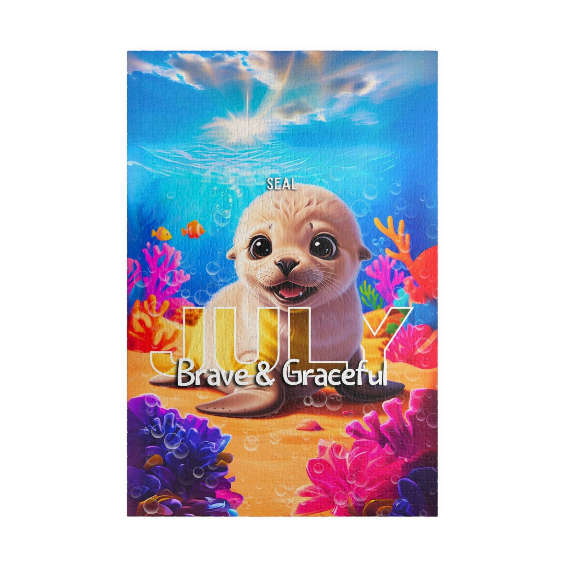 Kids birth month puzzle featuring a cute sea otter with July text and colorful underwater scene