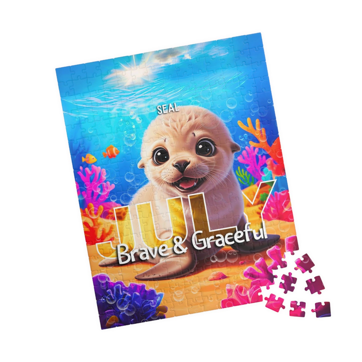 Kids birth month puzzle featuring cute seal with July and Brave & Graceful text