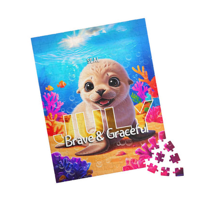 Kids birth month puzzle featuring cute seal with July and Brave & Graceful text