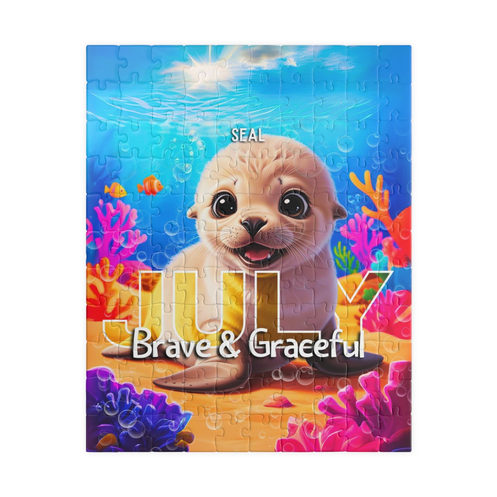 Kids birth month puzzle featuring a cute seal and July with brave and graceful text