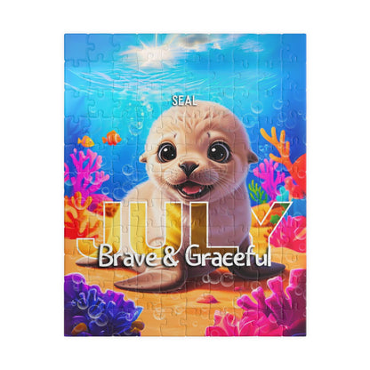 Kids birth month puzzle featuring a cute seal and July with brave and graceful text