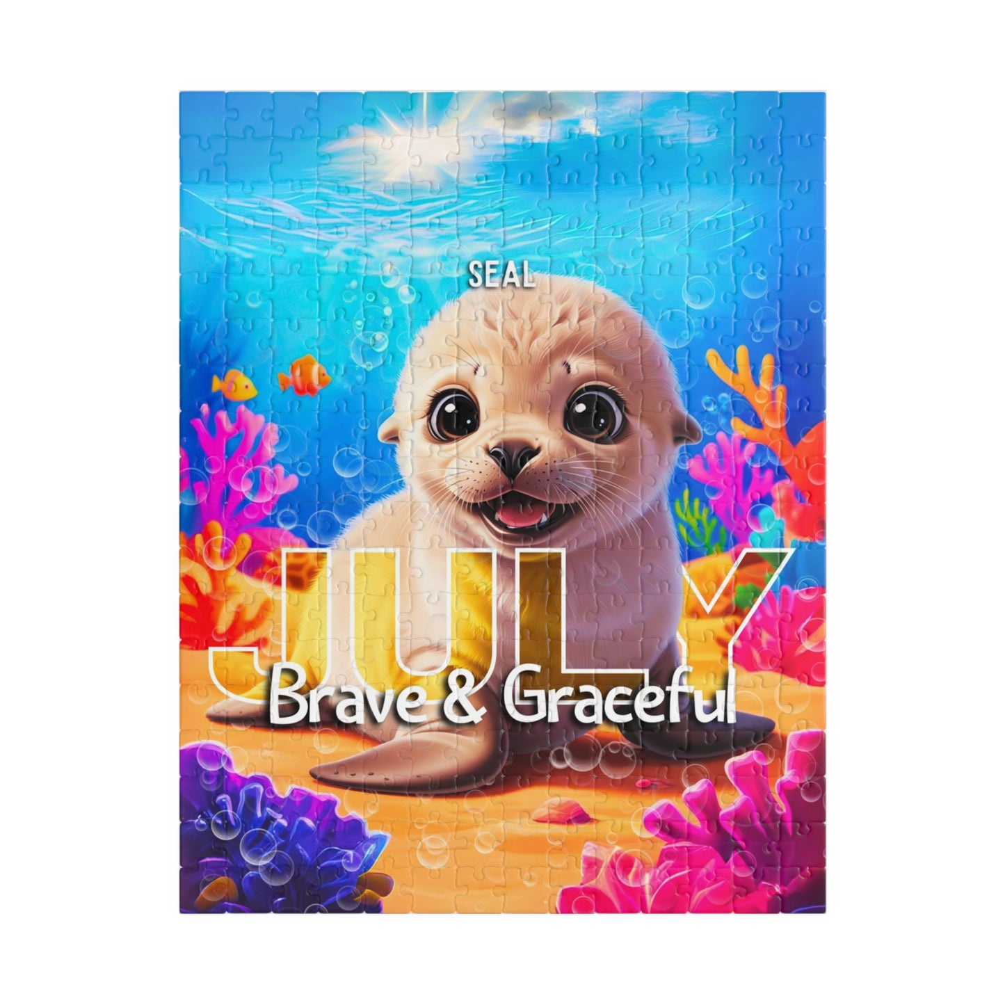 Kids birth month puzzle featuring a cute seal with July and Brave and Graceful text underwater