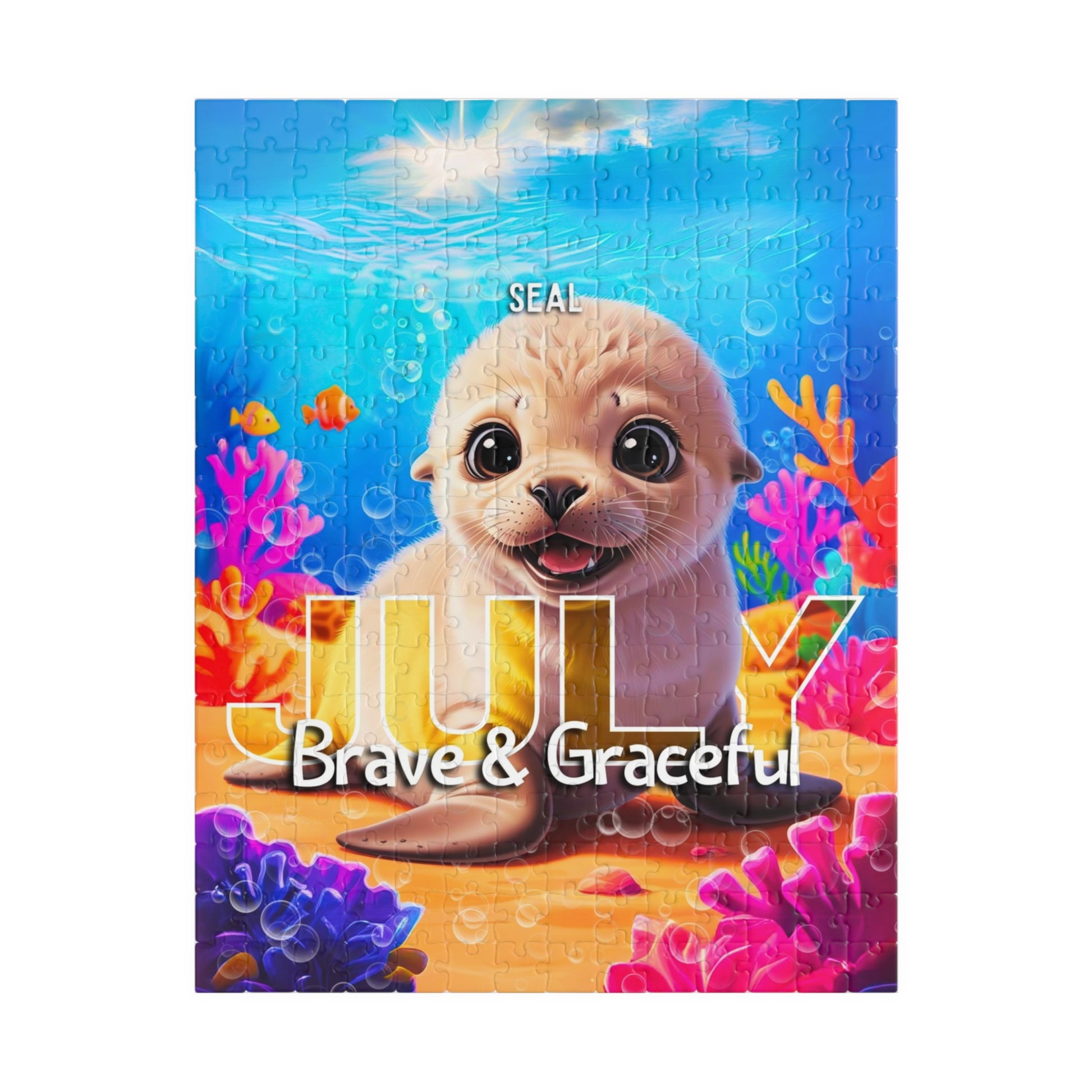 Kids birth month puzzle featuring a cute seal with July and Brave and Graceful text underwater