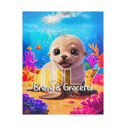 Kids birth month puzzle featuring a cute seal with July and Brave and Graceful text underwater