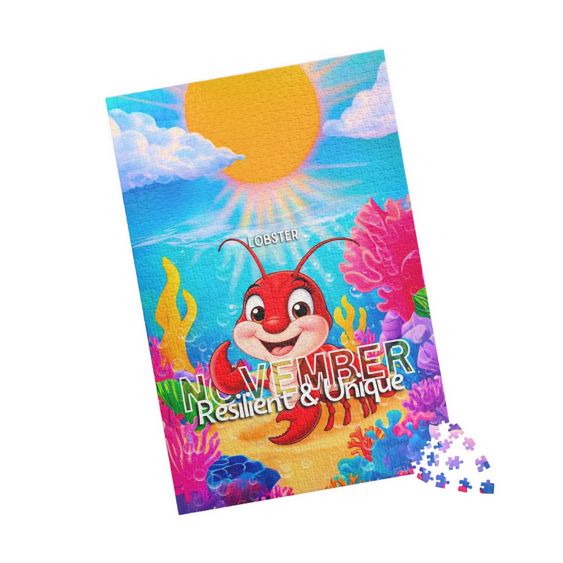Kids birth month puzzle featuring a colorful November lobster with vibrant underwater design