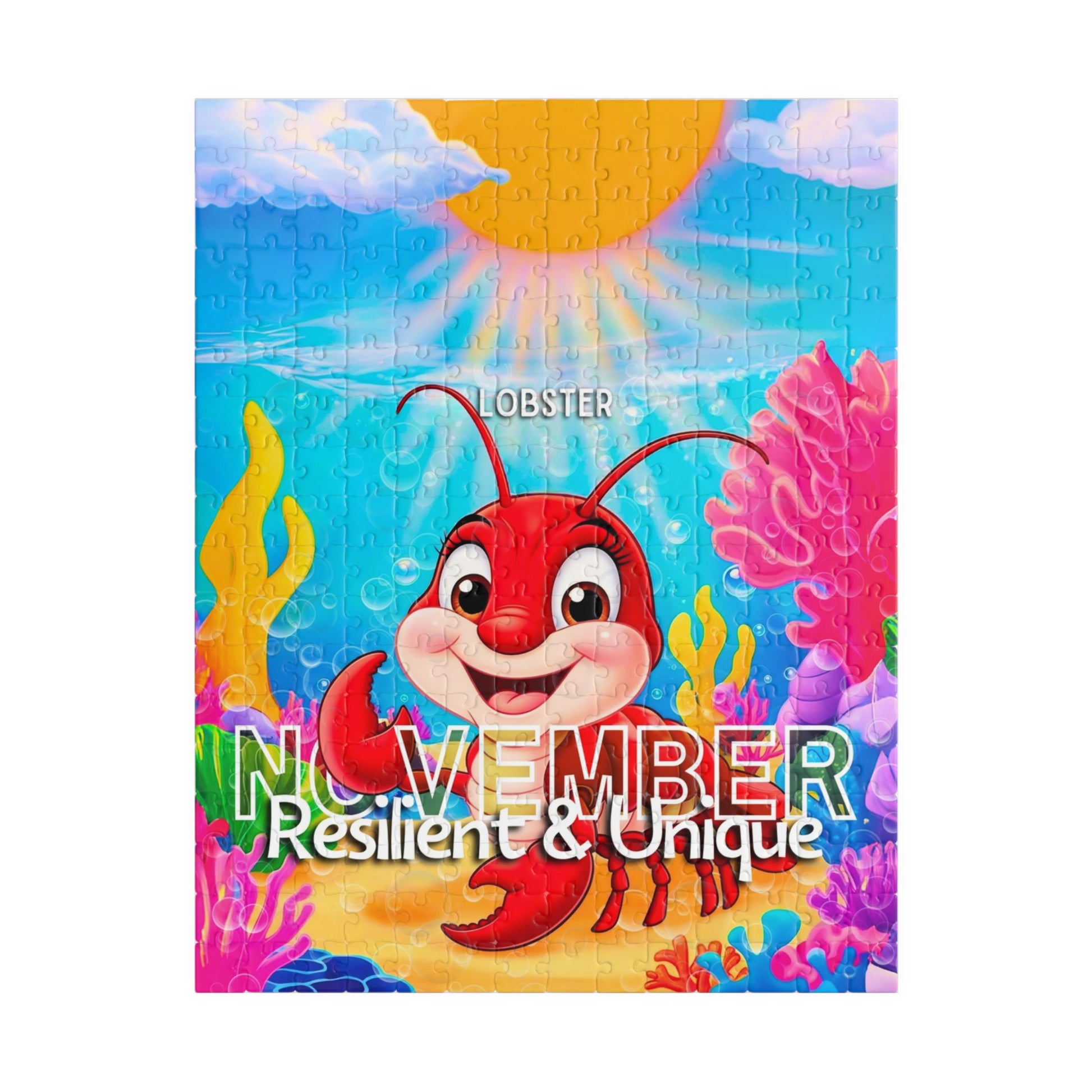 November kids birth month puzzle featuring a cheerful red lobster underwater with colorful coral and sun