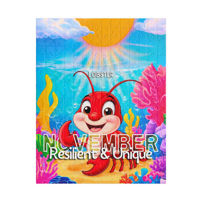 November kids birth month puzzle featuring a cheerful red lobster underwater with colorful coral and sun