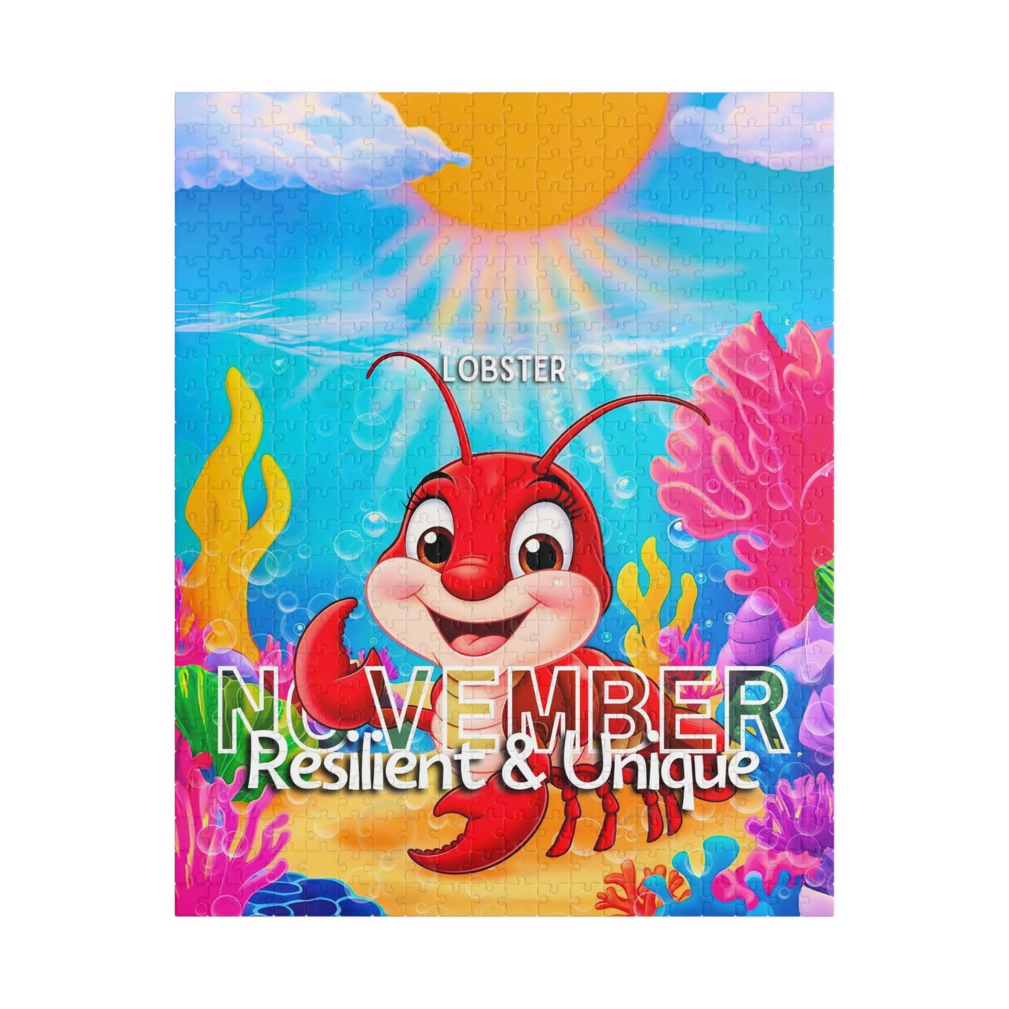 Kids birth month puzzle featuring a colorful lobster and November theme with bright underwater scene