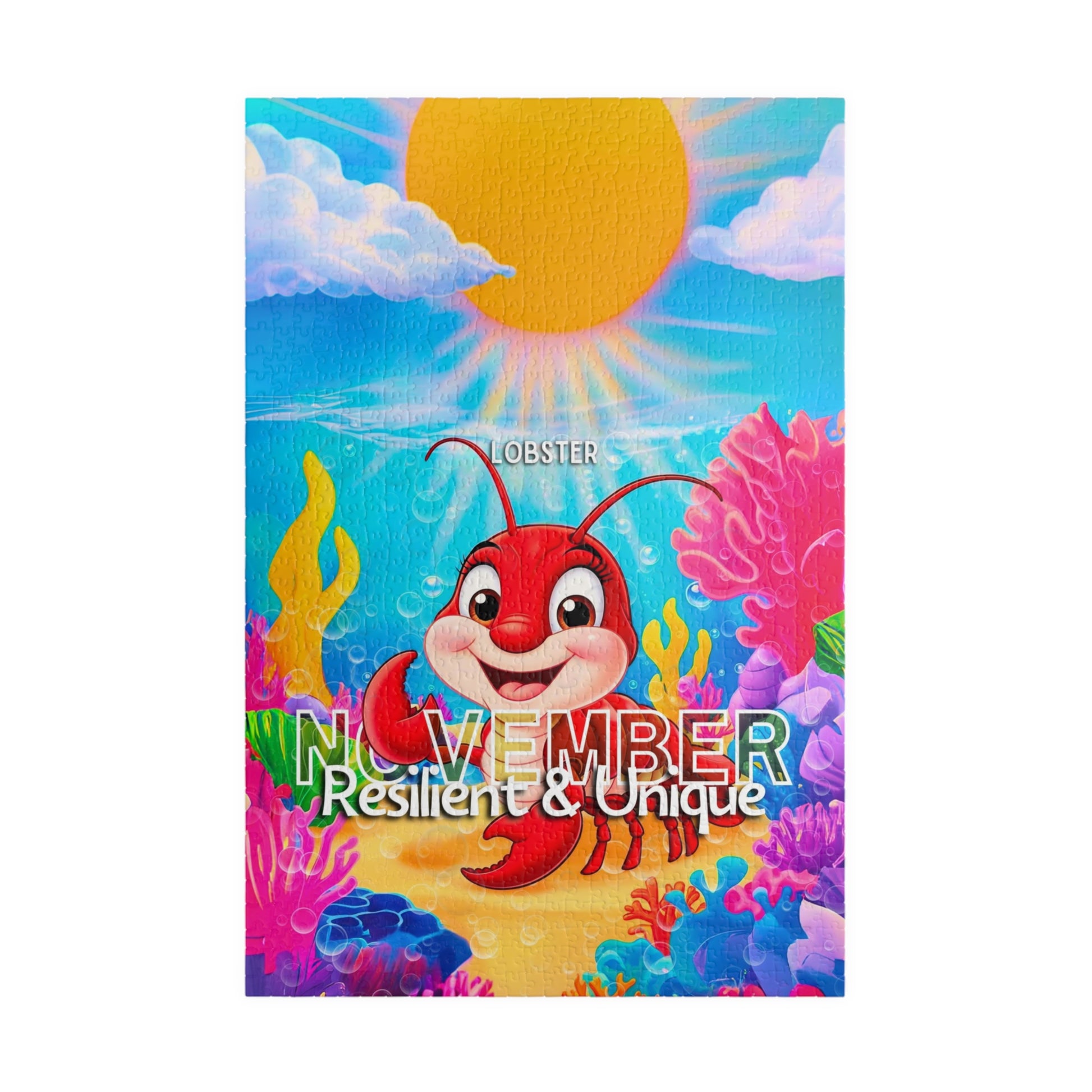 November kids birth month puzzle featuring a cheerful lobster underwater with colorful coral and bright sun