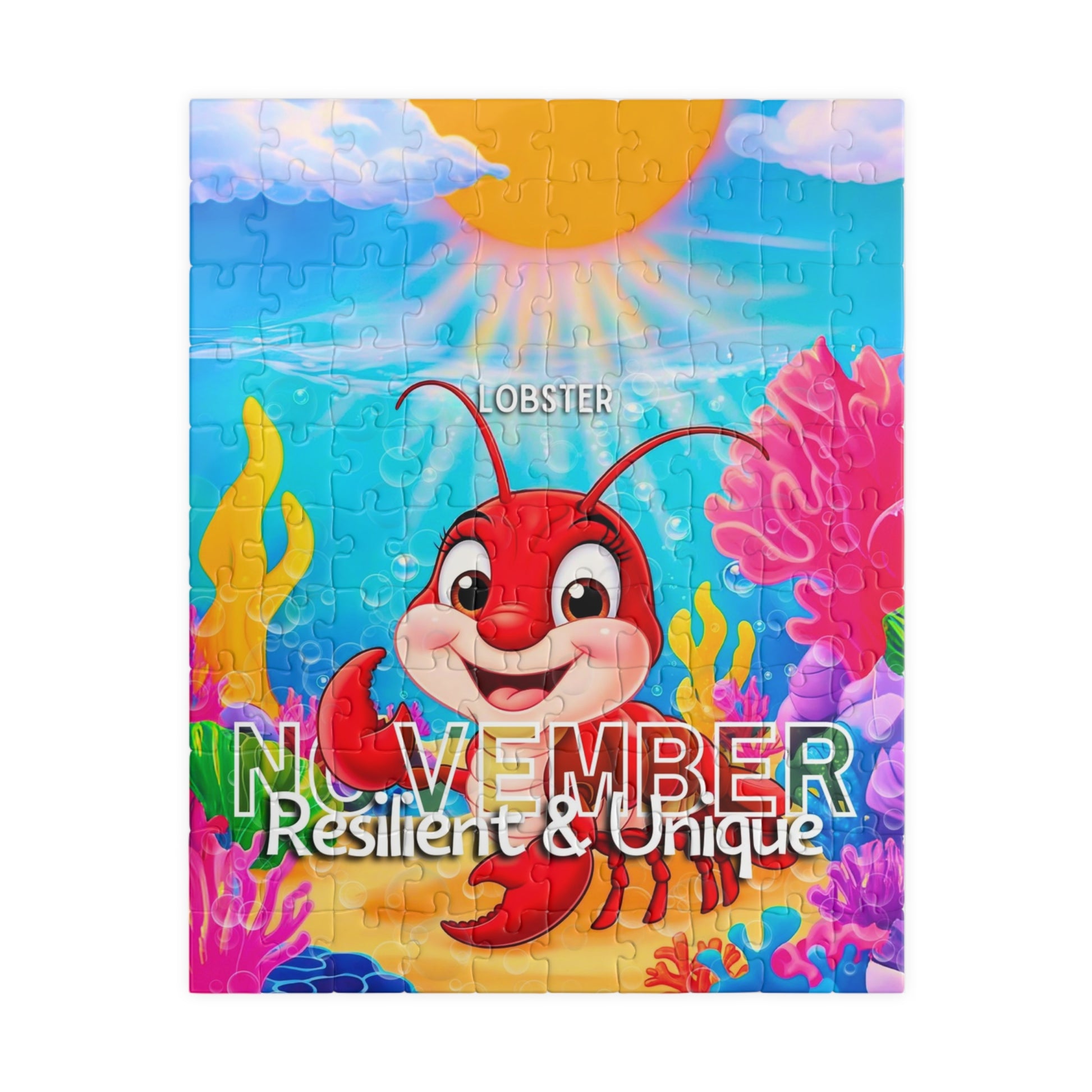 November kids birth month puzzle featuring a cheerful lobster under the sun with colorful underwater background