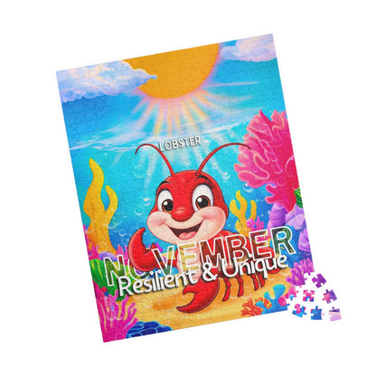 Kids birth month puzzle featuring a colorful lobster for November with bright underwater design