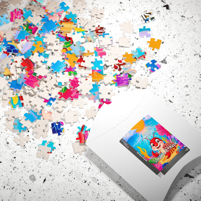 Colorful scattered puzzle pieces with kids birth month puzzle packaging on white surface