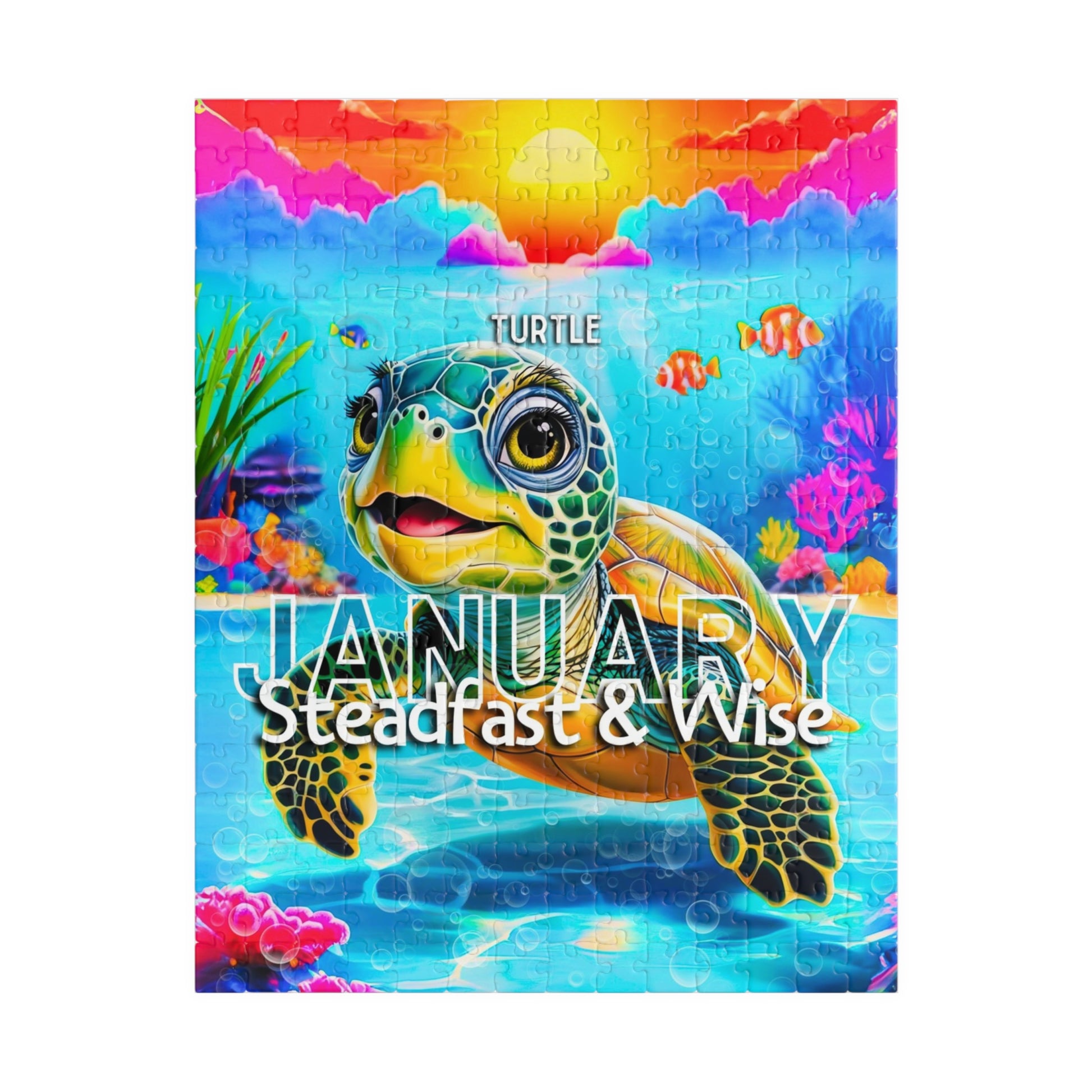 Kids birth month puzzle featuring a colorful January turtle with steadfast and wise traits