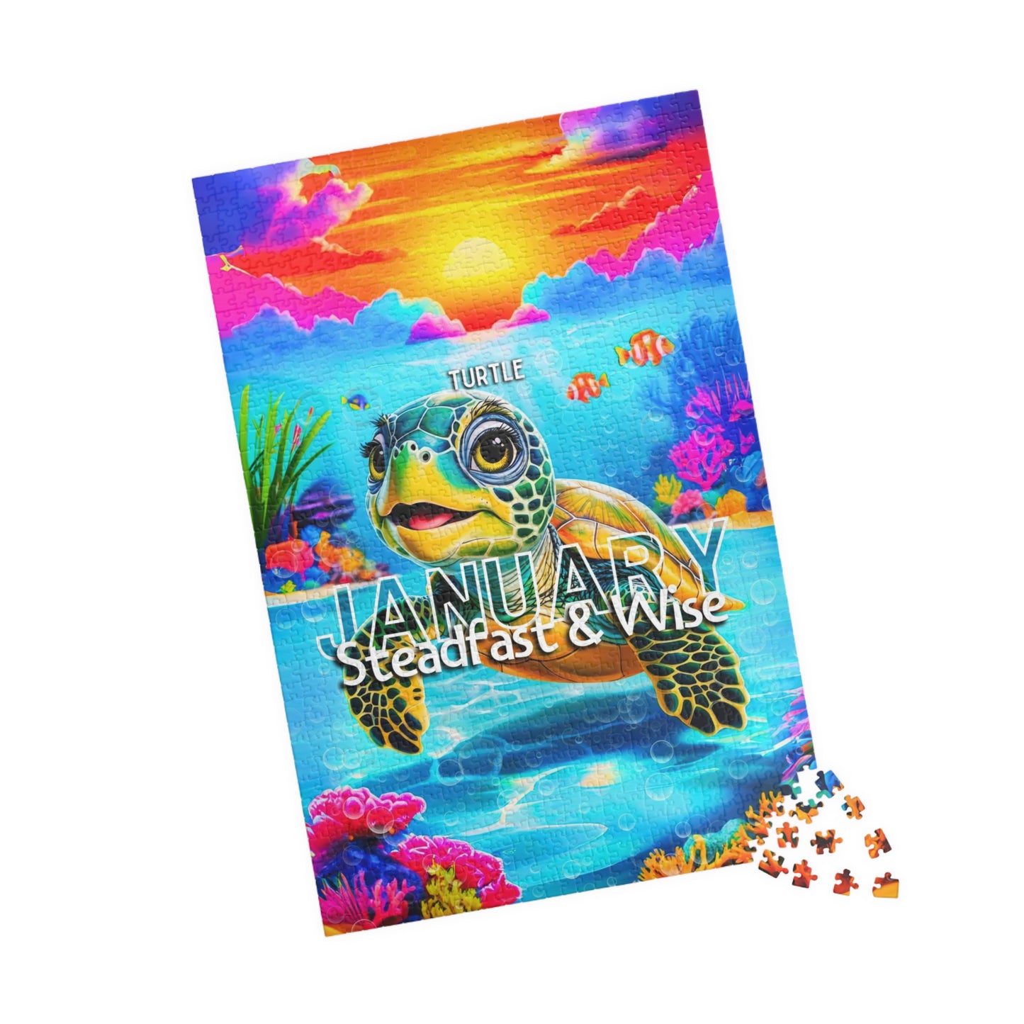 January kids birth month puzzle featuring a turtle with colorful ocean and sunset background
