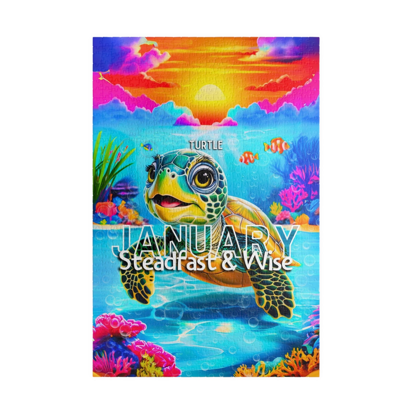 Kids birth month puzzle featuring a colorful turtle for January with vibrant underwater scenery