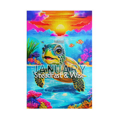 Kids birth month puzzle featuring a colorful turtle for January with vibrant underwater scenery