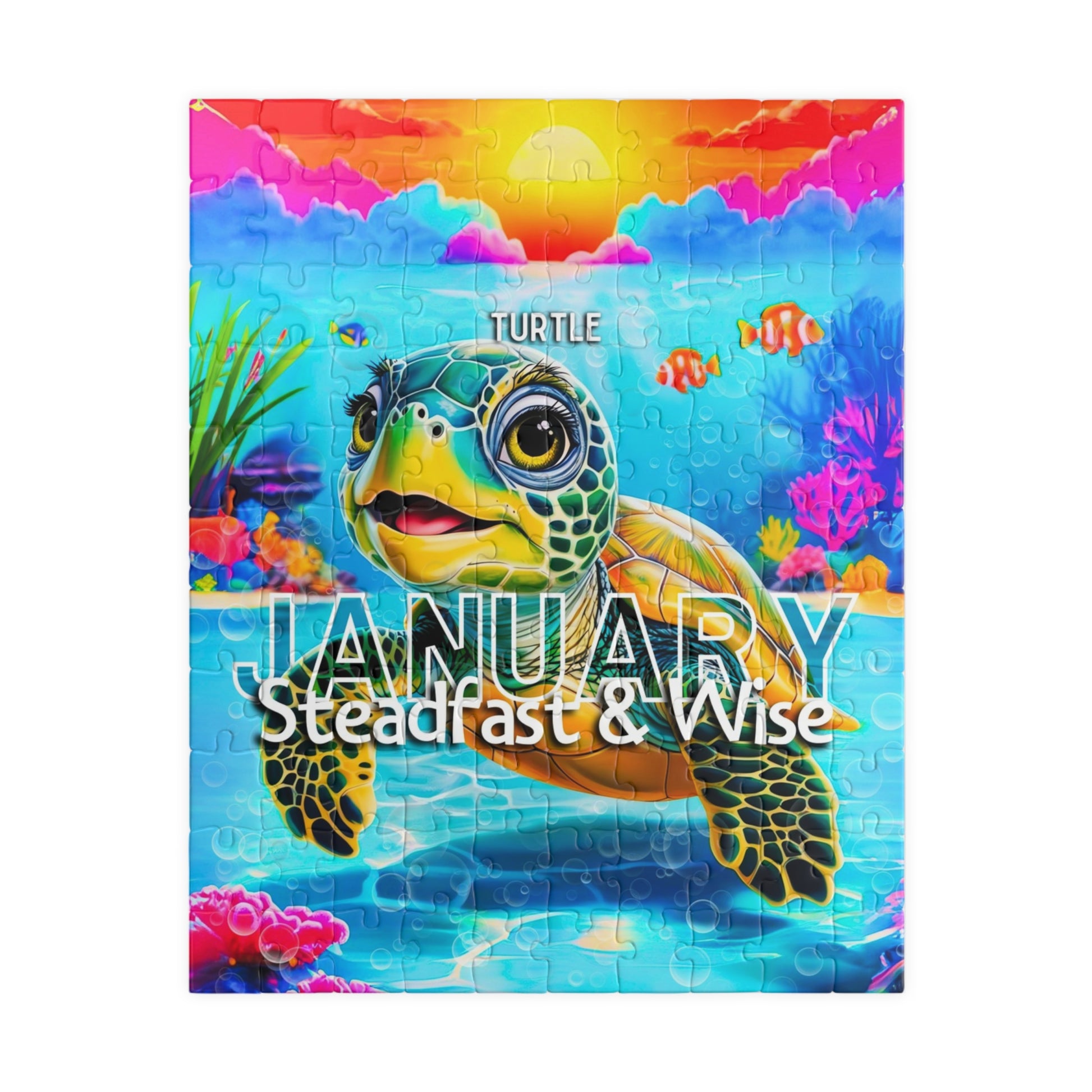 Kids birth month puzzle featuring a colorful January turtle design with ocean and sunset background