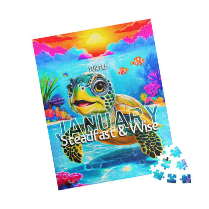 Kids birth month puzzle featuring a January turtle with vibrant underwater scene