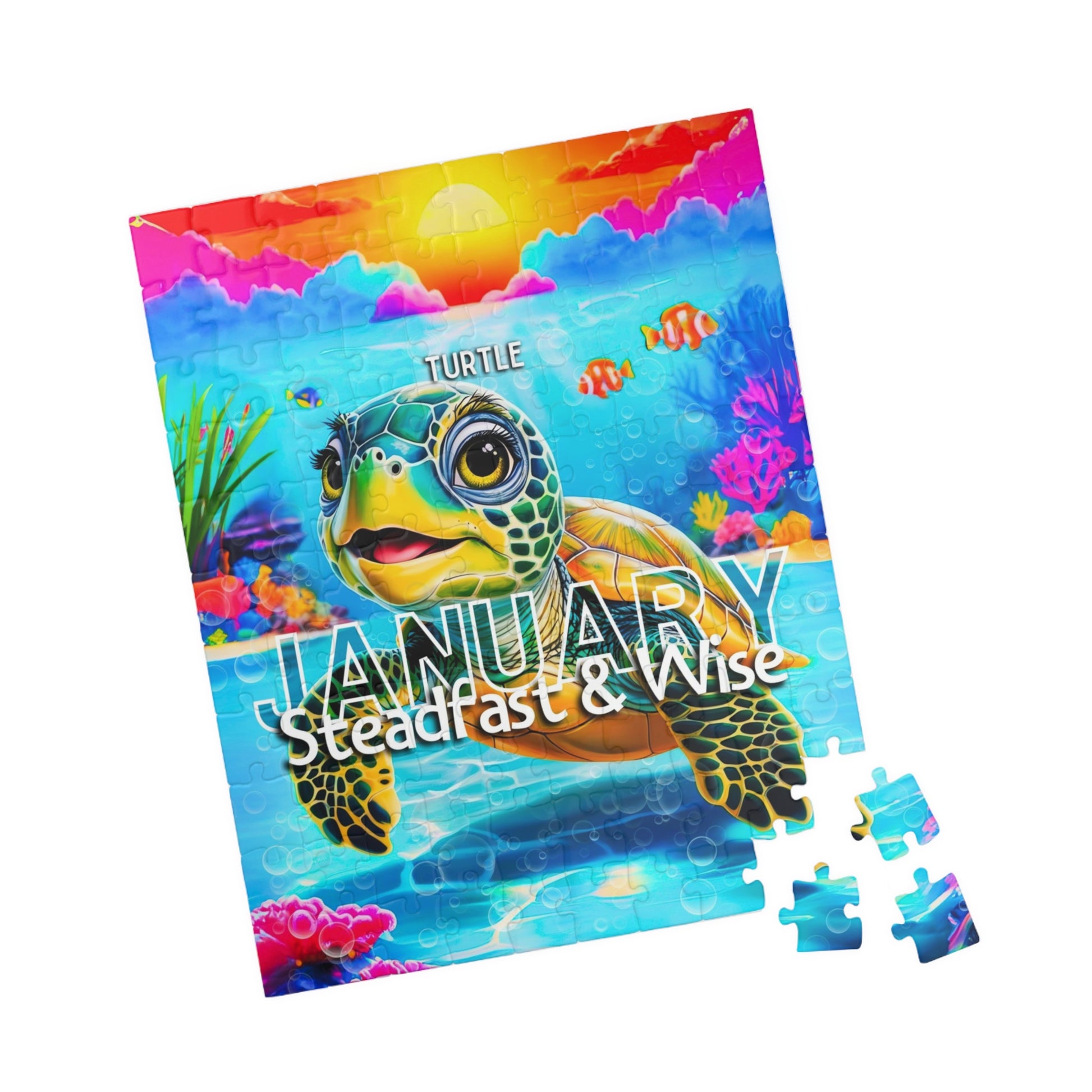 Kids birth month puzzle featuring a colorful turtle for January with steadfast and wise traits