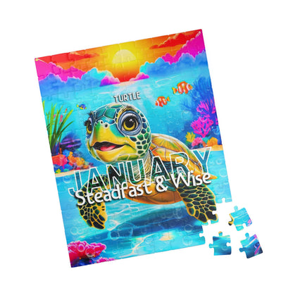 Kids birth month puzzle featuring a colorful turtle for January with steadfast and wise traits