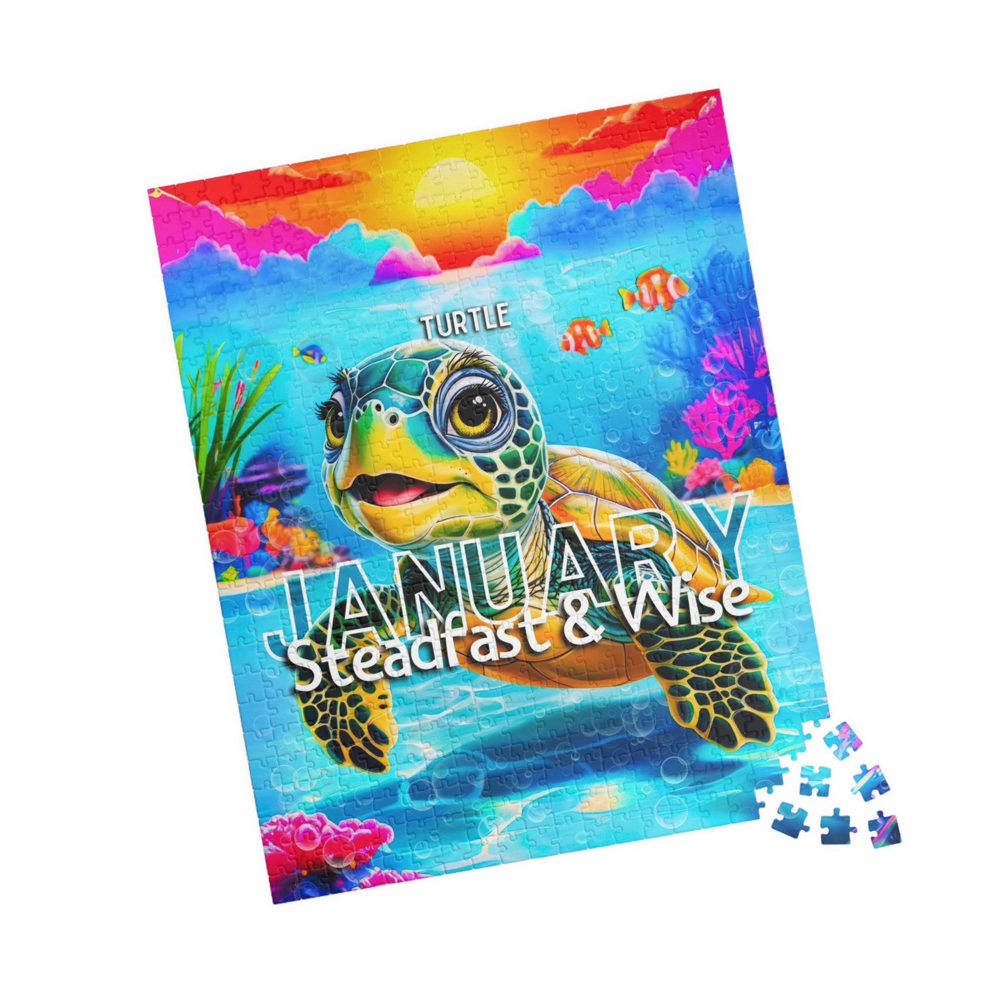 Kids birth month puzzle for January featuring a turtle with colorful underwater scene 