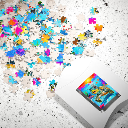 Scattered colorful puzzle pieces with a box featuring a kids birth month puzzle on a white surface