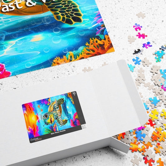 Kids birth month puzzle featuring colorful sea turtle and ocean scene with scattered puzzle pieces