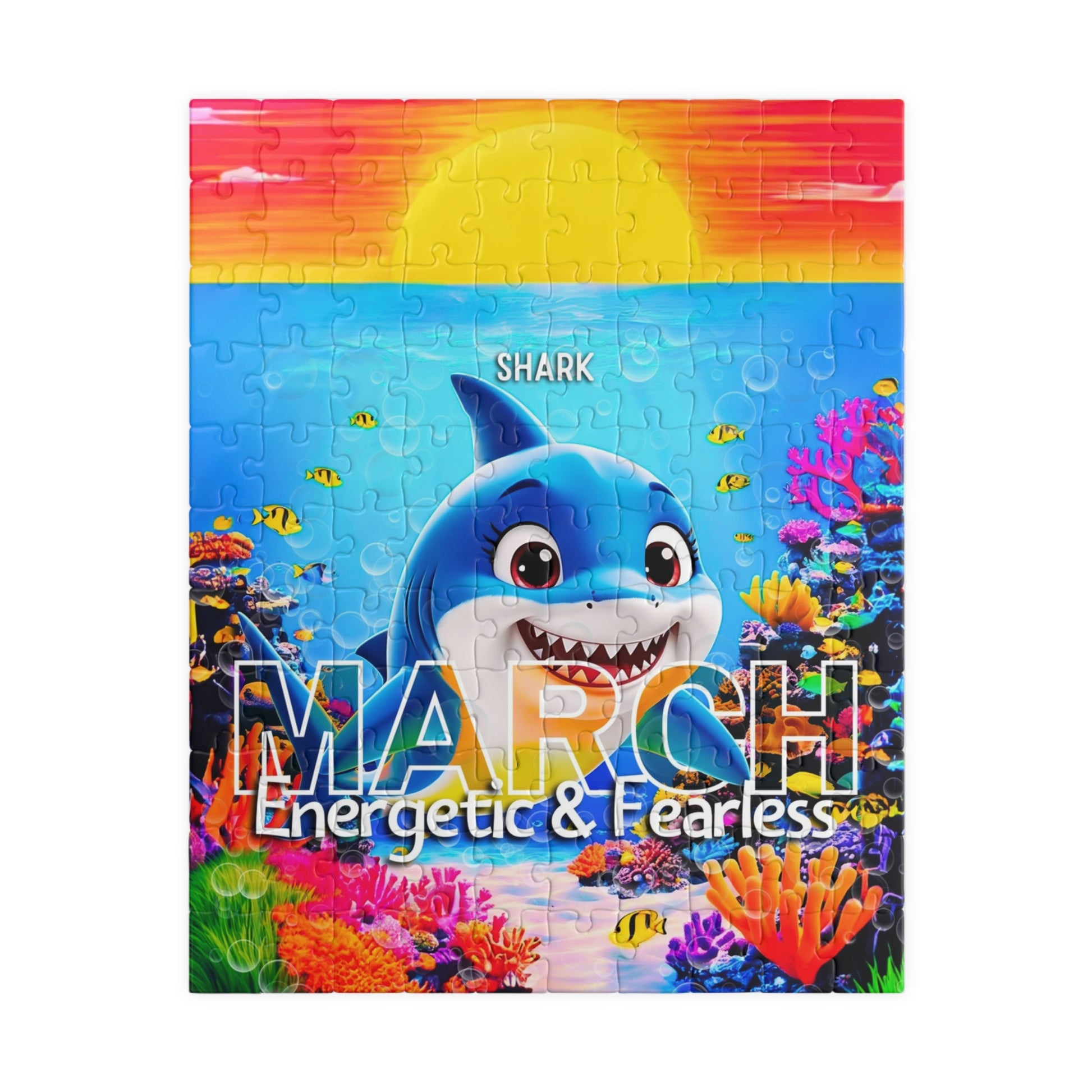 Kids birth month puzzle for March with a cheerful shark and colorful underwater scene