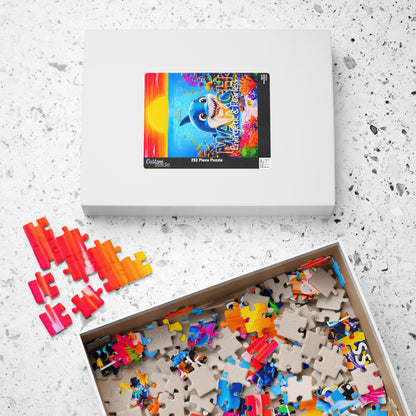 Kids birth month puzzle with colorful pieces and custom packaging on white surface