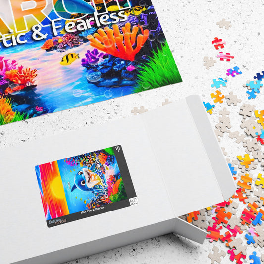 Kids birth month puzzle with colorful underwater and cartoon animal pieces scattered near an open box