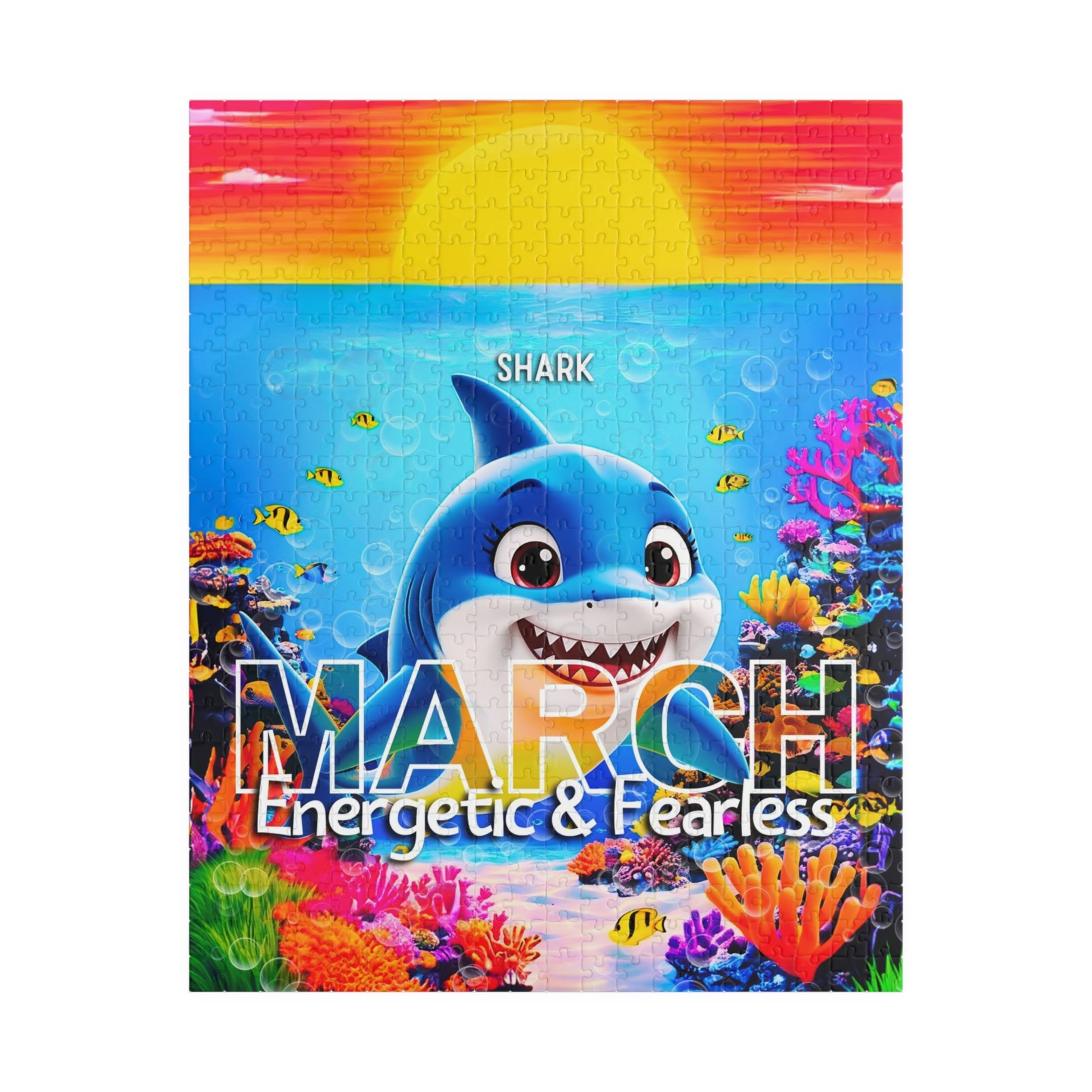 Kids birth month puzzle March featuring energetic and fearless shark with colorful underwater scene